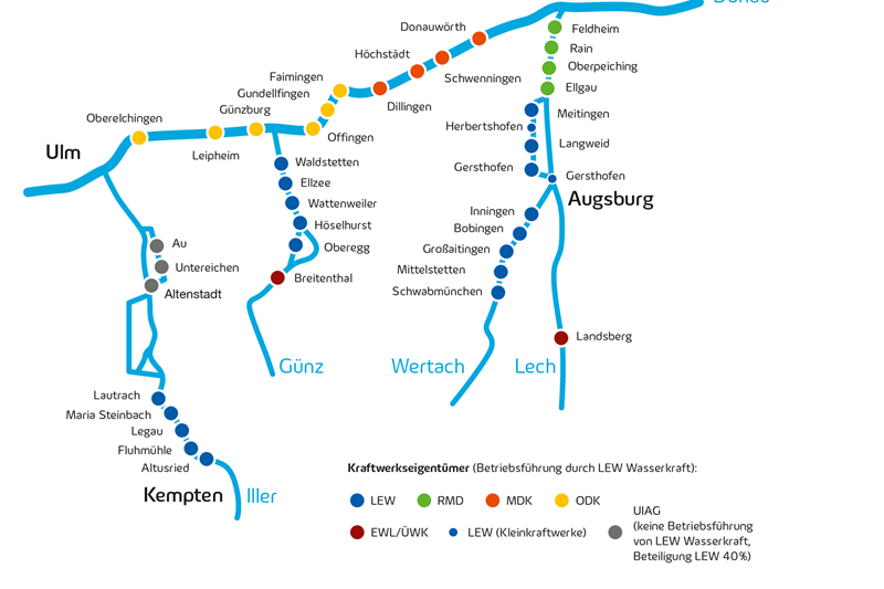 Übersicht über die Kraftwerke der LEW Wasserkraft in Bayerisch-Schwaben.